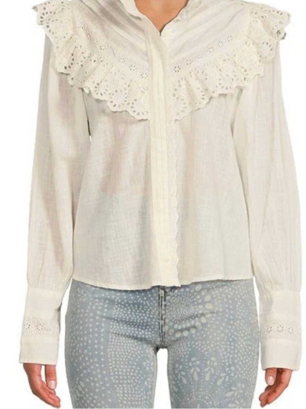 Free People Prairie Blouse Womens XS Cream Hit the Road Eyelet Ruffle Cottage